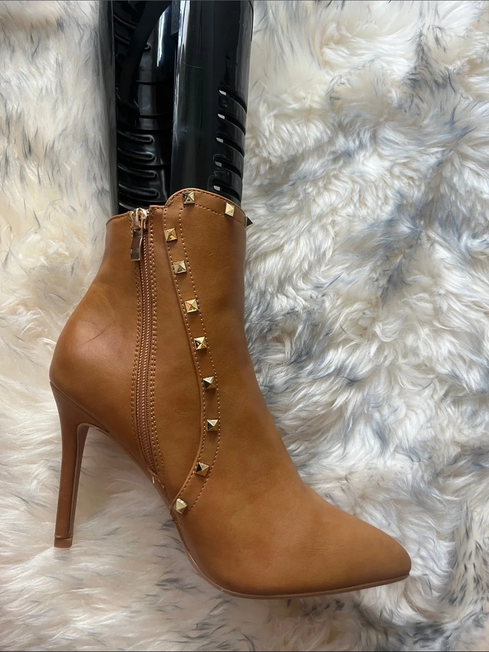 Studded Pointed-Toe Ankle Boots in Cognac